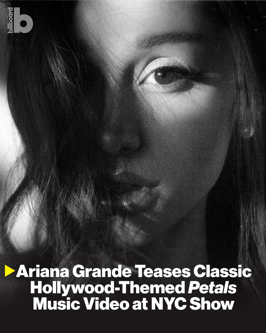 Ariana Grande is embracing the golden age of Hollywood for her next music video. 🎬⁠
⁠
During the New York City stop of her Eternal Sunshine Tour on Saturday (July 18), Grande paused her show to premiere a 25-second teaser for the black-and-white visual accompanying the title track from her upcoming album, ‘Petals.’⁠
⁠
See the teaser at the link in bio.