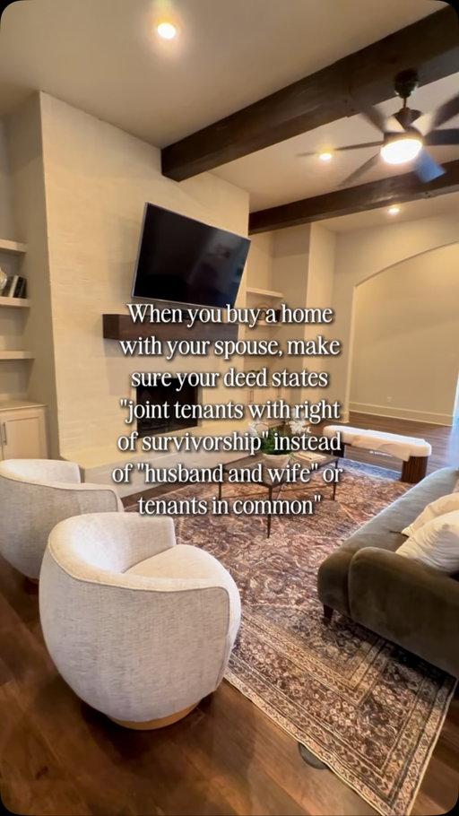 When you buy a home with your spouse, how your names are listed on the deed actually matters a lot more than most people realize. (check laws within your state/country , always work w a lawyer on all legal matters too )

In many cases, holding title as “Joint Tenants with Right of Survivorship” means if something ever happens to one spouse, the home automatically goes to the other no probate, no extra court, no unnecessary stress during an already hard time.

It’s a small detail but it can make a huge difference for your peace of mind and your family’s future.

This is the kind of stuff I make sure my clients understand not just buying the house, but protecting it too.
If you’re buying with a partner or spouse, let’s talk through your options.