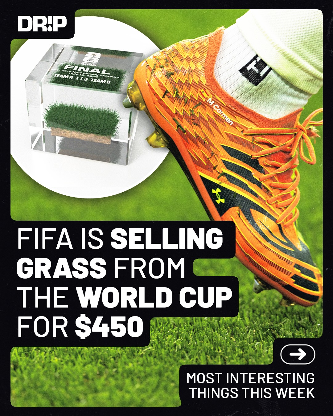 Most interesting things we saw this week, World Cup edition ⚽️

Cover: FIFA is selling preserved pieces of grass from the 2026 FIFA World Cup final pitch at MetLife Stadium, with prices starting at $450. Each piece is encased in clear resin and engraved with the match details.

Slide 1: In 2007, Lionel Messi was photographed holding and bathing a baby Lamine Yamal during a UNICEF charity calendar photoshoot organized with FC Barcelona. Nearly two decades later, Messi and Yamal met on the field as opponents in the 2026 FIFA World Cup final. (photo: @diarosport/Joan Monfort)

Slide 2: A tweet posted in 2021 resurfaced after correctly predicting that Argentina and Spain would meet in the 2026 FIFA World Cup final.

Slide 3: The FIFA World Cup Trophy is estimated to be worth around $20 million, making it one of the most valuable trophies in sports. It stands 14.5 inches tall and is made from 18-karat solid gold, weighing about 13.6 pounds.

Slide 4: Louis Vuitton created the official travel trunk for the FIFA World Cup Trophy, continuing a partnership that began in 2010. The handcrafted trunk features Louis Vuitton’s signature Monogram canvas with black and gold detailing inspired by the tournament.

Slide 5: Multiple audience studies have found that many bilingual U.S. soccer fans choose Spanish language broadcasts because they find the commentary more energetic and entertaining. Research cited by Nielsen and reporting from The Athletic has shown Spanish broadcasts often attract viewers beyond native Spanish speakers thanks to their passionate style and match atmosphere.

Slide 6: The 2026 FIFA World Cup final is expected to include a 30 minute halftime, replacing the traditional 15 minute break to accommodate the tournament’s first-ever halftime show. Performers include Justin Bieber, Madonna, Shakira, BTS, Coldplay, and the PS22 Chorus.

Slide 7: Post Malone opened the FIFA World Cup 2026 closing ceremony with a high energy performance of his 2018 hit “Sunflower” alongside Swae Lee at MetLife Stadium.