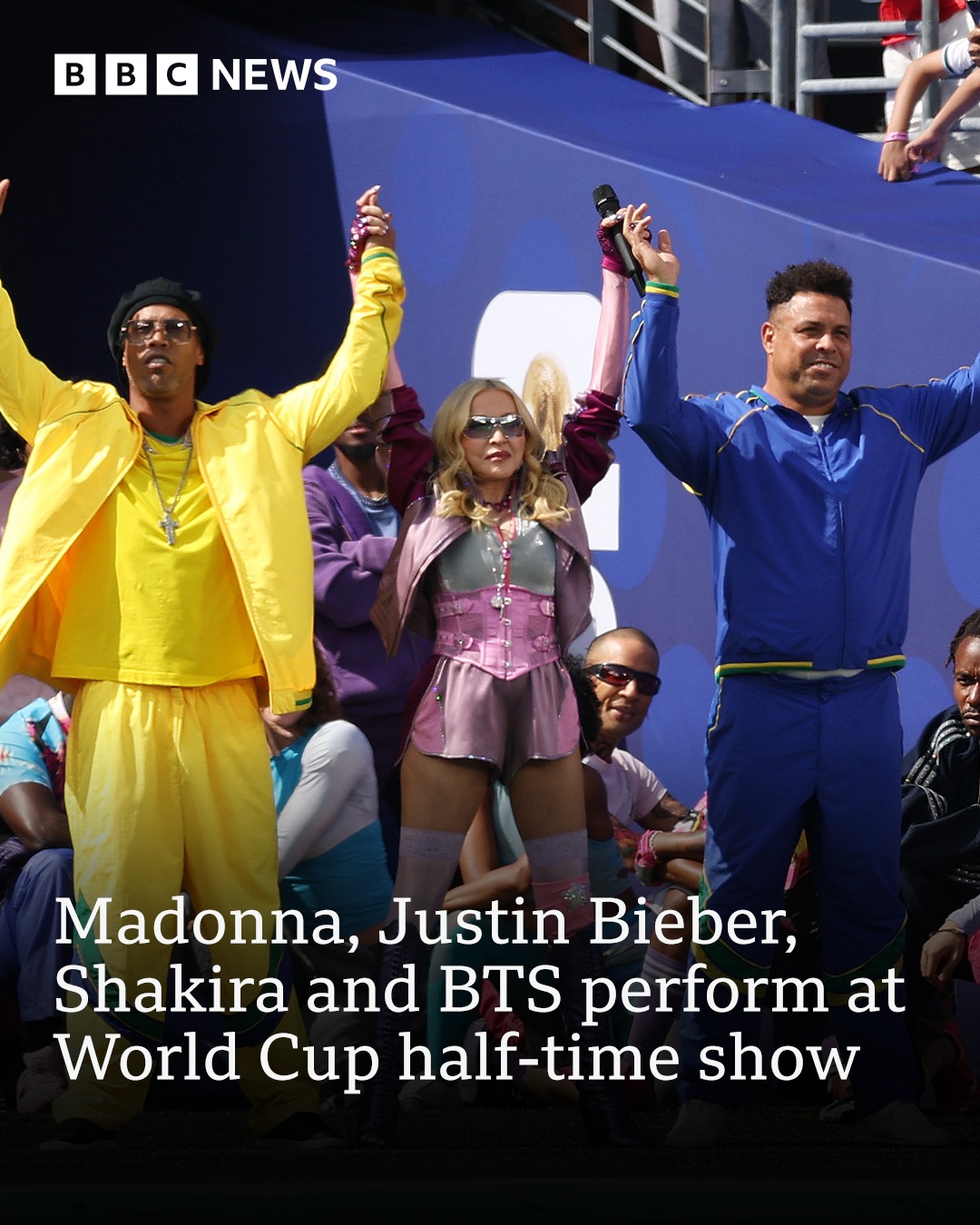 For the first time in Fifa World Cup history, half time has featured a star-studded show for fans in the stadium and the millions watching around the world.

BTS, Madonna, Shakira, Justin Bieber, The Muppets, and more took to the field to perform.

Tap the link in @BBCNews’s bio for live updates from the final. 

(📷 Getty/PA/Will Oliver/EPA)

#WorldCup #BBCNews