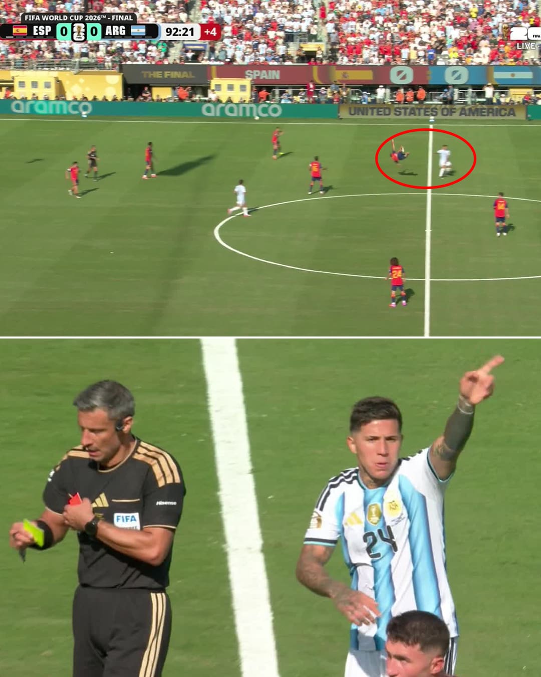 ENZO FERNÁNDEZ GETS A SECOND YELLOW FOR THIS TACKLE ON PAU CUBARSÍ.

ARGENTINA ARE DOWN TO TEN MEN IN THE WORLD CUP FINAL!