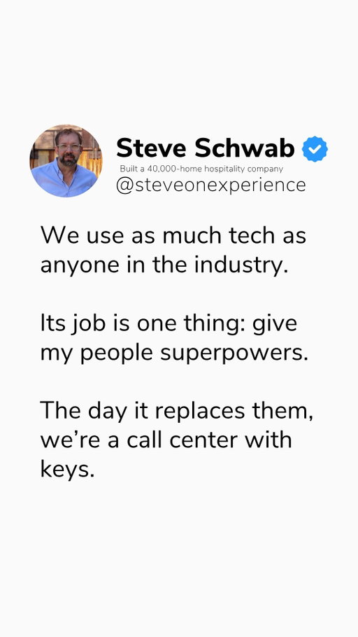 Tech should give your people superpowers, not take their place. 

We lean heavily into technology, but we know exactly what its role is: to optimize the boring stuff so our team has the freedom to provide real hospitality on the ground.

If you use software to completely replace your team's human touchpoints, you aren't a hospitality company anymore. You're just a glorified call center with keys. Build a bionic workforce, not a robotic one.

Bigger isn't the win. Better is. #HospitalityTech #PropertyManagement #TeamEmpowerment #ShortTermRentals