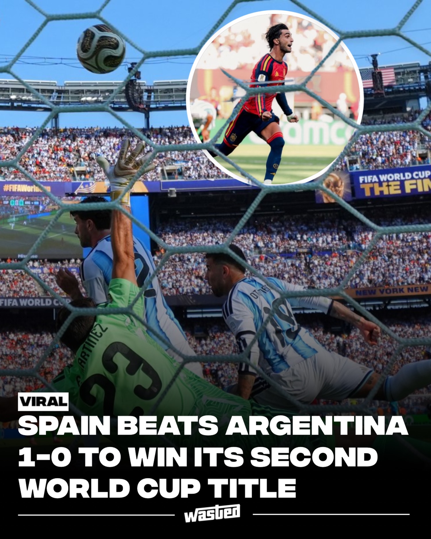 Spain is champion of the world, beating Argentina 1-0 in extra time at MetLife Stadium for a second World Cup title, 16 years after its first.

The breakthrough took 106 minutes. Ferran Torres finished off a Nico Williams header back across the box less than a minute into the second period of extra time, ending a night in which Emiliano Martínez had kept Argentina alive almost single-handedly with more than ten saves. Nico Williams had a goal disallowed earlier for a foul in the buildup. The margin only widened after Enzo Fernández, already booked, clattered into Pau Cubarsí in stoppage time at the end of regulation and was sent off, leaving the defending champions to survive extra time a man down. The final tally told the story: Spain finished with 19 shots and 11 on target, Argentina with none.

The tournament ended the way it was played. Luis de la Fuente's side never trailed for a single minute across the entire competition and conceded once in seven matches, joining Italy in 1938 and 1982 and Germany in 1990 as the only teams to win a World Cup without falling behind. For Argentina, the bid to become the first nation since Brazil in 1962 to retain the trophy is over, and Lionel Messi's World Cup career closes at 39 in his third final.

Sources: FIFA, ESPN, Yahoo Sports.