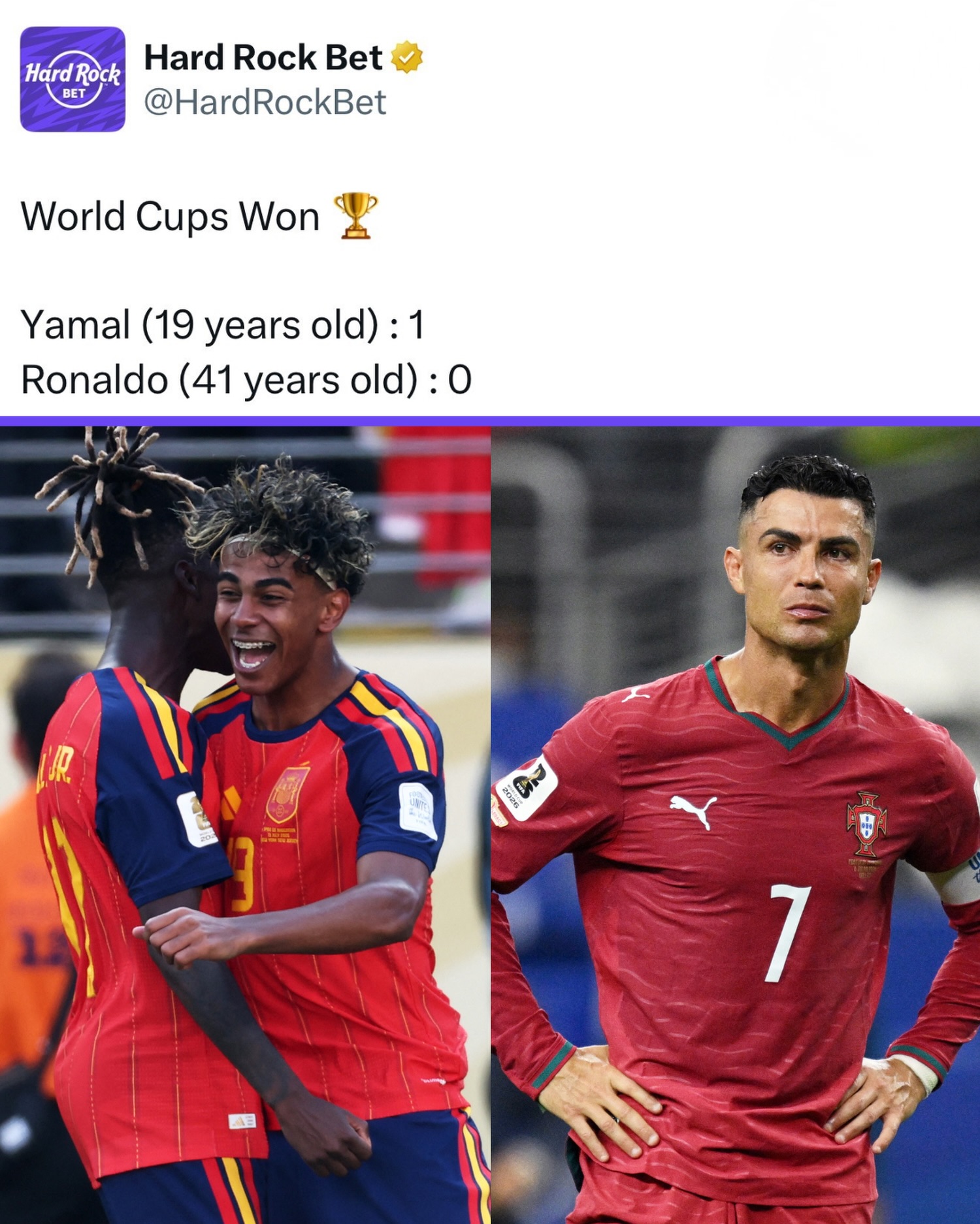 Yamal > Cristiano Ronaldo 

#yamal #ronaldo #spainsoccer #worldcup #worldcup2026