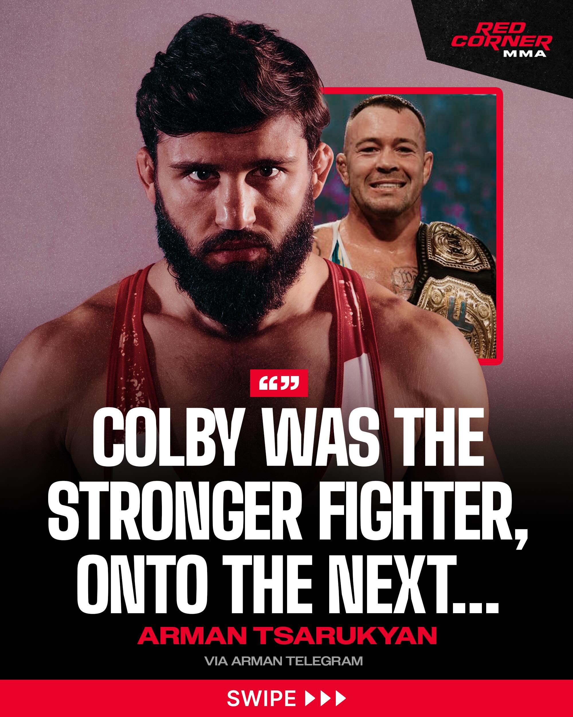 Arman Tsarukyan releases a statement via his Telegram channel following his loss to Colby Covington in the main event of RAF 11:

“Today my opponent was the stronger fighter. Onto the next.”

Looking forward to seeing how Arman bounces back in RAF, with a reported UFC fight potentially in the works soon. 👀