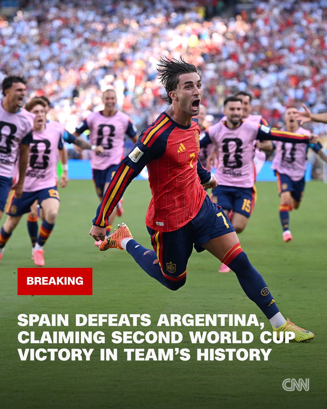 Spain are World Cup champions!

A goal in the second half of extra time was all that was needed to bring Spain the country's second World Cup championship in history as they defeated Argentina and Lionel Messi, 1-0, after 120 minutes of tension.

Ferran Torres' goal in the 106th minute broke a lengthy deadlock in a game dominated by Spain. He took a pass from Nico Williams and buried it in the net. Argentina pushed for an equalizer late but couldn't find the net.

US President Donald Trump and a host of other world leaders were at today's final. The long-awaited event at MetLife Stadium in New Jersey also saw a rapid-fire show of stars that marked the first World Cup final halftime show, with Madonna, BTS, Justin Bieber, Shakira and other performers.

Catch up on all the action at link in @cnn's bio.

📸: David Ramos/Getty Images; Michael Regan/FIFA/FIFA via Getty Images; REUTERS/Dylan Martinez; AP Photo/Seth Wenig; Steph Chambers/FIFA/FIFA via Getty Images; Tom Weller/picture alliance via Getty Images; Ezra Shaw/FIFA/FIFA via Getty Images; Hector Vivas/FIFA/FIFA via Getty Images; IMAGN IMAGES via Reuters/James Lang; AP Photo/Yuki Iwamura