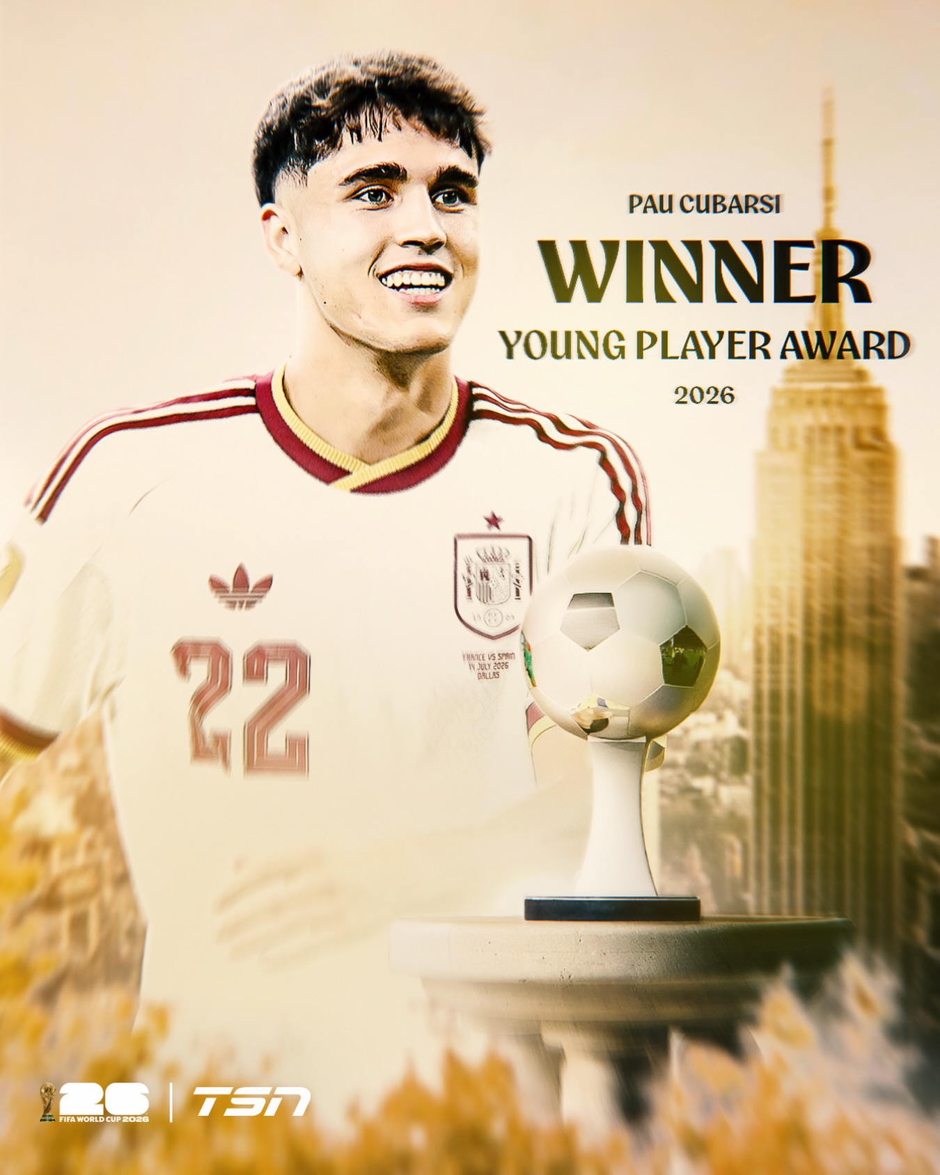 Pau Cubarsí is the winner of the 2026 #FIFAWorldCup Young Player Award! 🇪🇸