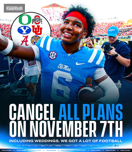 CANCEL ALL WEDDINGS ON NOVEMBER 7th

Week 10 has some absolute beautiful matchups. Got anything planned? A wedding perchance? Even if it’s your own, RESCHEDULE

That day is for football