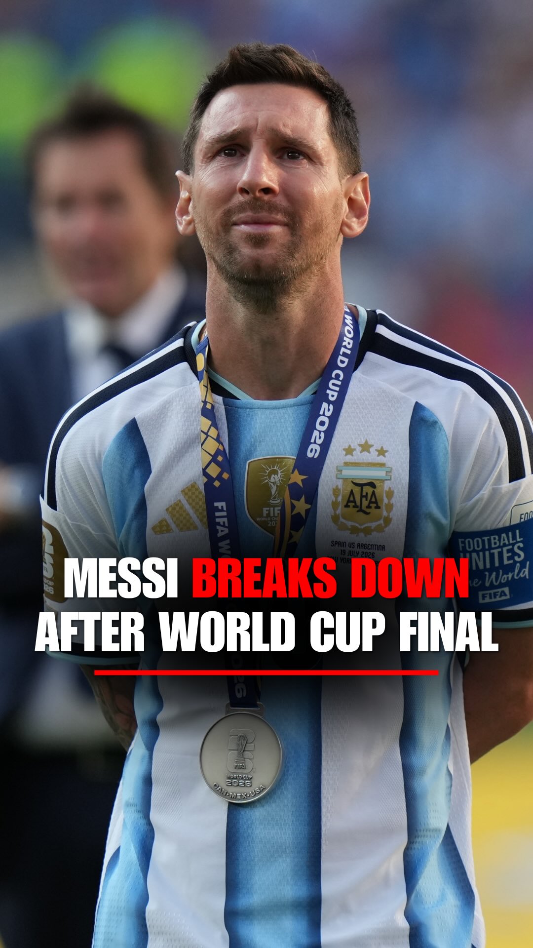Lionel Messi is overcome with emotion after Argentina falls to Spain in the 2026 FIFA World Cup Final.

Spain captures its second World Cup title after Ferran Torres scores the only goal in extra time, ending Argentina's reign as defending champions.

The emotional scene comes after what is widely expected to be the final World Cup appearance of the 39-year-old Argentine legend.
