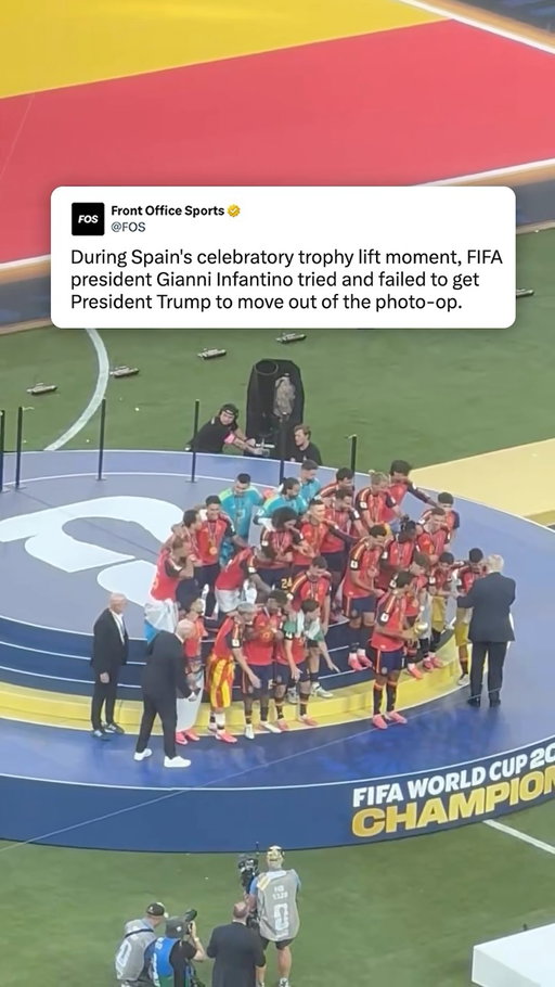 FIFA President Gianni Infantino tried and failed to get President Trump to move out of the photo-op during Spain’s celebratory trophy lift moment after winning the World Cup.