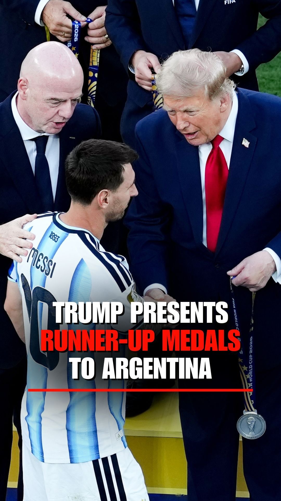 President Trump presents runners-up medals to an emotional Lionel Messi and his Argentina teammates after a 1-0 extra-time loss to Spain in the FIFA World Cup Final.

The loss could mark Messi's final World Cup game after a tournament during which he scored eight goals and had four assists.