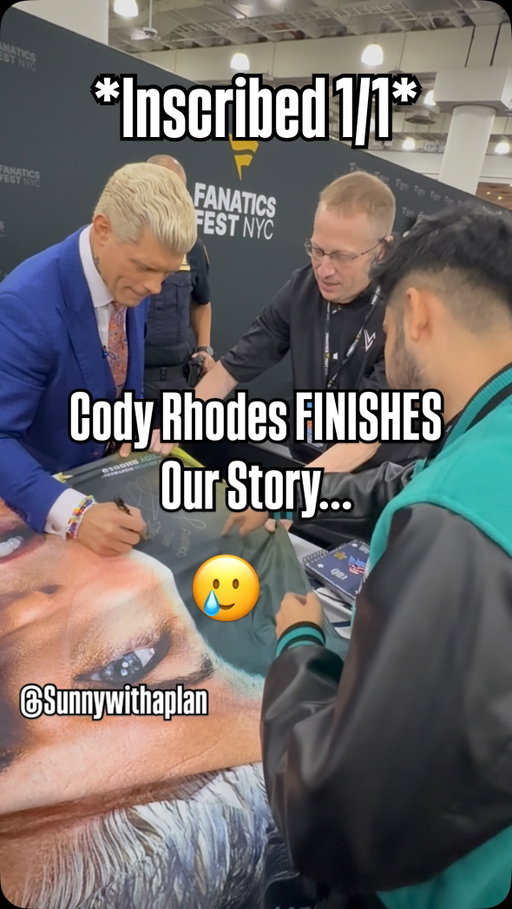Meeting @americannightmarecody and we FINISHED Our Story 🥲

Cody Rhodes’s Unforgettable Reaction to my Event-Used WrestleMania 40 Banner! 🐐This is a True 1/1 Memorabilia piece that I’ve had since the week of WrestleMania 40 when the Philadelphia Convention and Visitors Bureeau actioned it off! 📈🙂‍↔️

Cody Inscribing it “Finished The Story - 1/1” is Priceless! 💎 

@americannightmarecody @fanaticsfest @wwe @fanatics @fanaticsauthentic 

-
-
-
#wwereels #codyrhodes #wwefan #wwememes #viral
