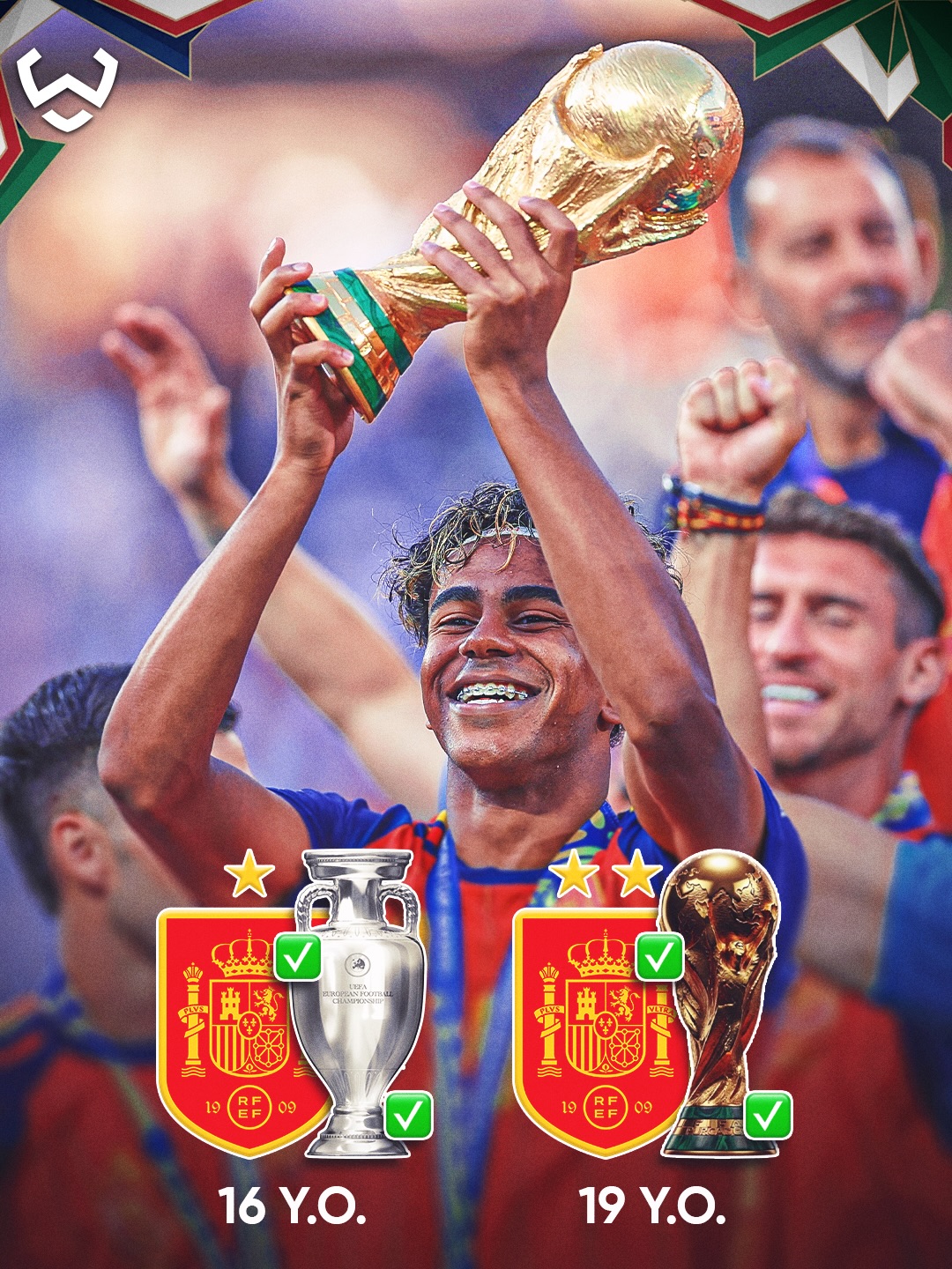19 years old. Two of football’s biggest trophies. 🏆✨

Lamine Yamal is the first teenager ever to win the World Cup and the EURO. 🇪🇸