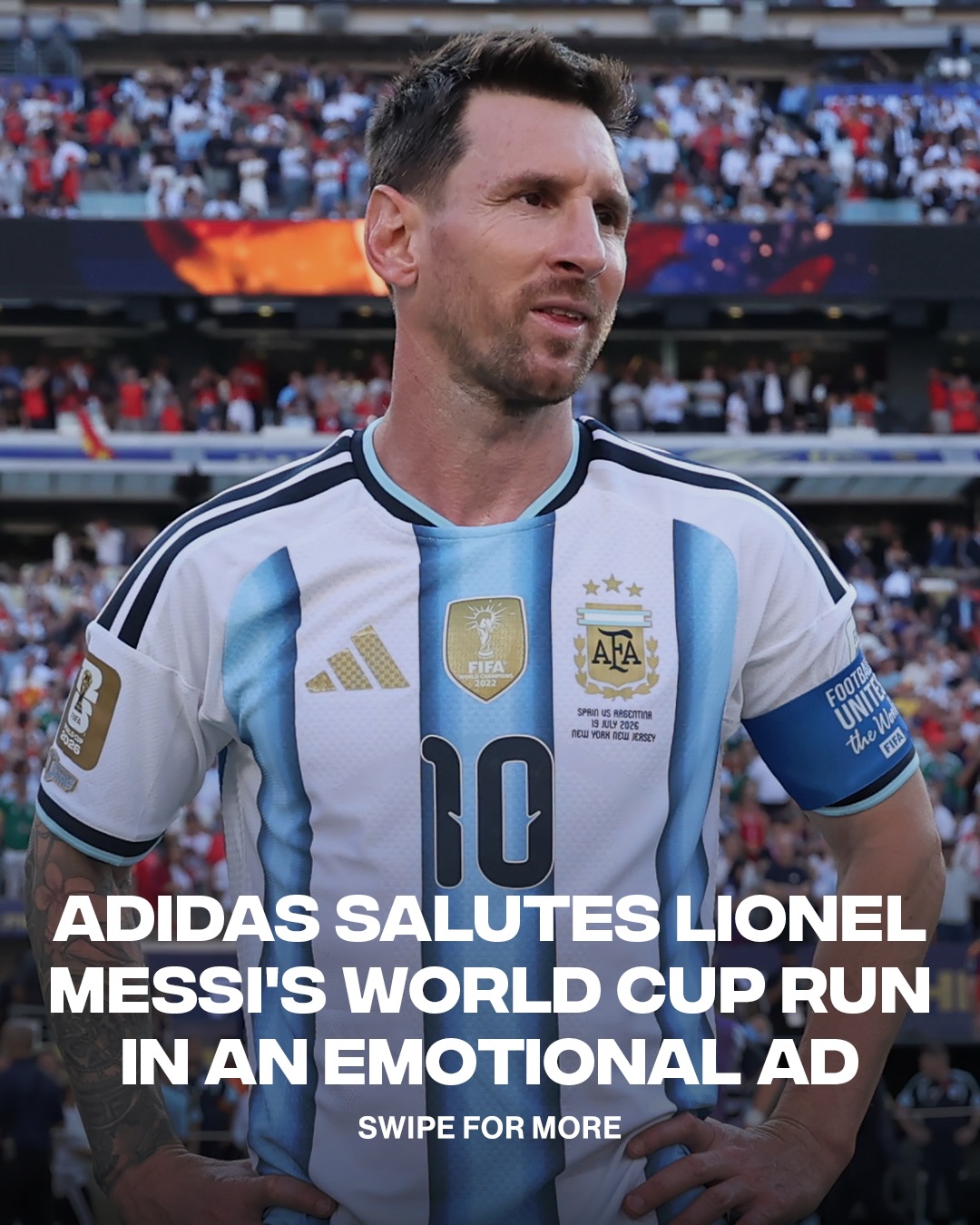 This one got me 🥹

Lionel Messi has appeared in six World Cup tournaments, recorded 21 goals, and lifted the World Cup trophy for the Argentina national team. 

📸: Getty (slide 1 & 3 ) / 🎥: @adidasfootball