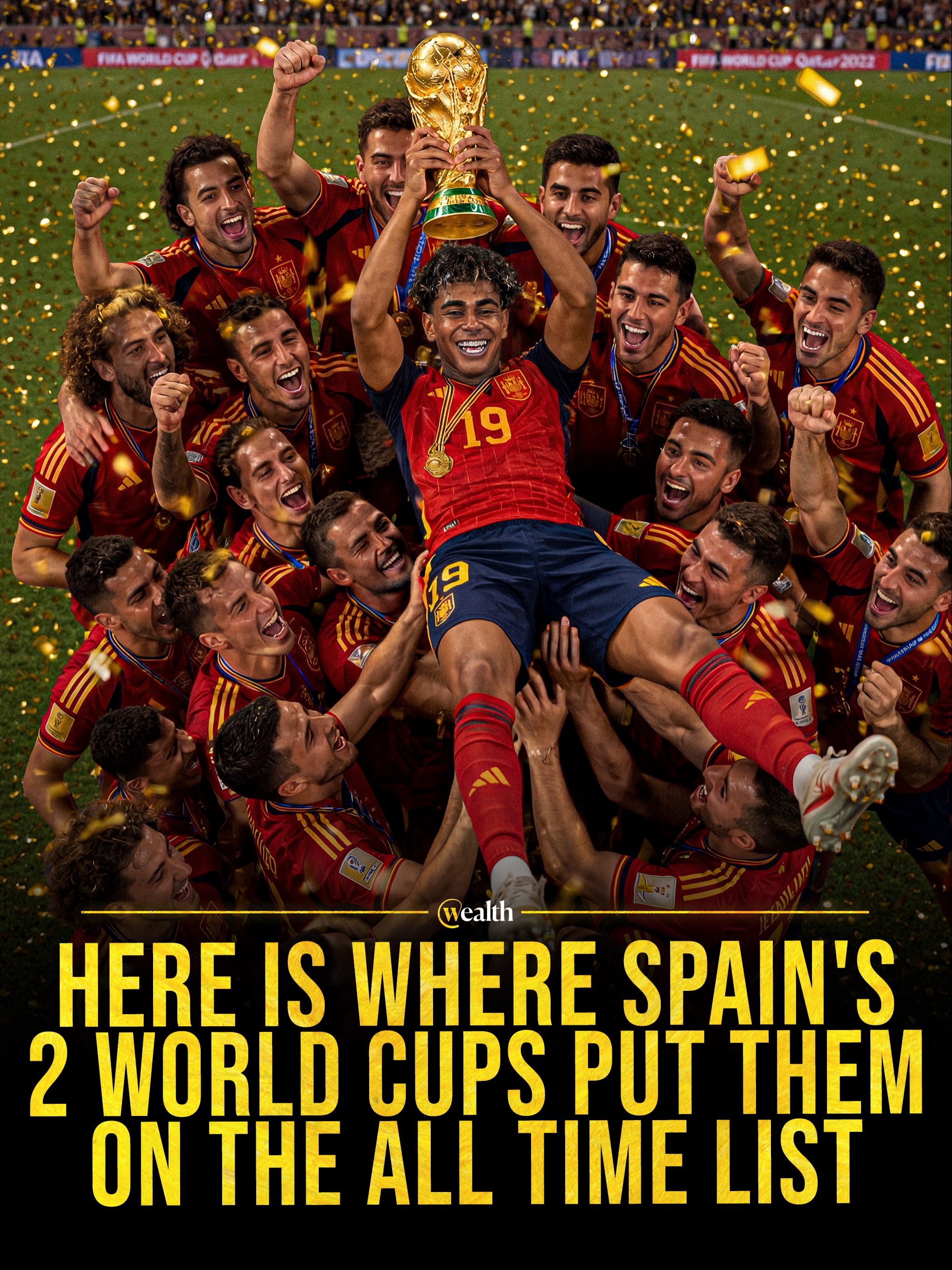 Only 8 nations have ever done this.

Spain waited 16 years for a second star, and it took 106 minutes, a record 11 saves from Emiliano Martínez, and a substitute's strike to finally get it.

That's what makes this trophy different from every other prize in sports. Almost a century of World Cups and it keeps returning to the same tiny circle of countries, while entire footballing superpowers spend generation after generation chasing a list they've never touched.

@Polymarket data shows Lamine Yamal as the new frontrunner for his first Ballon d'Or, with Messi trailing far behind

#​polymarketpartner #WorldCup #Spain #FIFA #Football