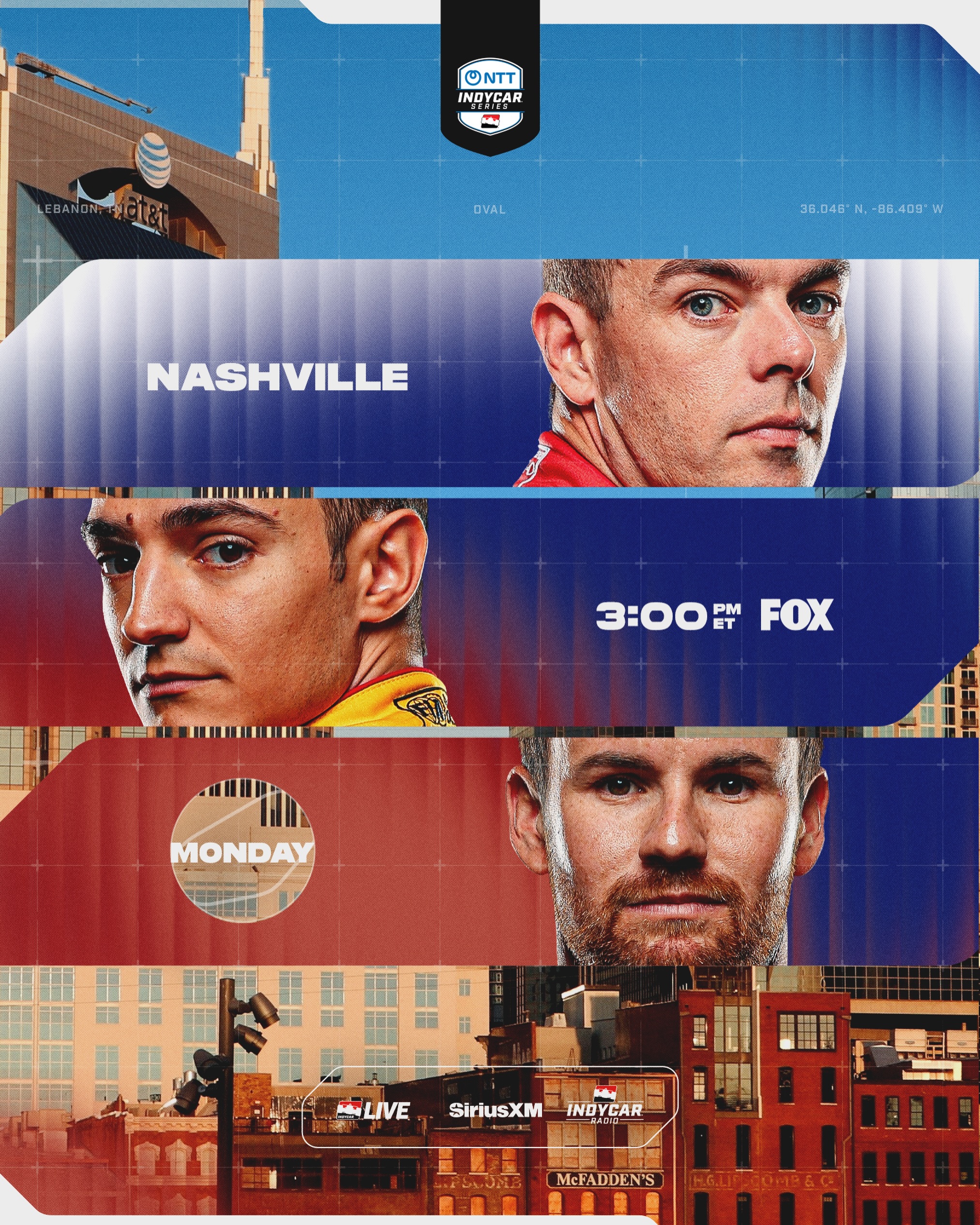 NEWS: Tonight’s Borchetta Bourbon Music City Grand Prix has been postponed until Monday due to rain.
 
Coverage begins tomorrow at 3 PM ET on FOX, INDYCAR Radio and SiriusXM from @nashvillesuperspeedway.