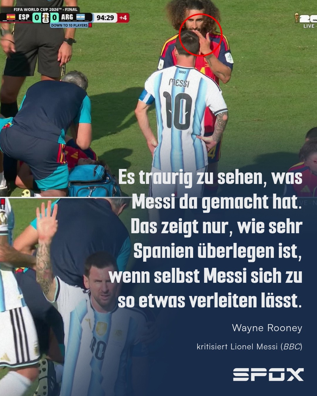 Als nach der Gelb-Roten Karte für Messis Teamkollege Enzo Fernandez in der Nachspielzeit der regulären 90 Minuten der gefoulte Pau Cubarsi auf dem Rasen behandelt wurde und die Partie kurzzeitig unterbrochen war, sprach Cucurella mit Argentiniens Superstar und fasste sich dabei kurz an den Mund.

Messi nahm das zum Anlass, um die Unparteiischen auf Cucurellas Aktion aufmerksam zu machen und indirekt eine Rote Karte für den Spanier zu fordern. Bei Cucurella allerdings war nicht wirklich zu erkennen, dass er mit seinen Worten Ärger mit Messi suchte oder den 39-Jährigen beleidigen wollte. Daher wurde die Szene auch vom VAR nicht weiter verfolgt.