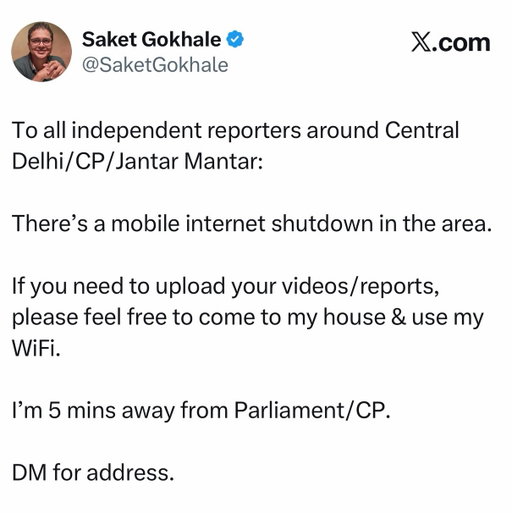 PSA for everyone covering the protests in Delhi - my house is open. 

Please feel free to come home for WiFi to upload your reports and have a coffee. 

It is because of you that the world is getting real-time updates from the ground. 

And that must continue uninterrupted.