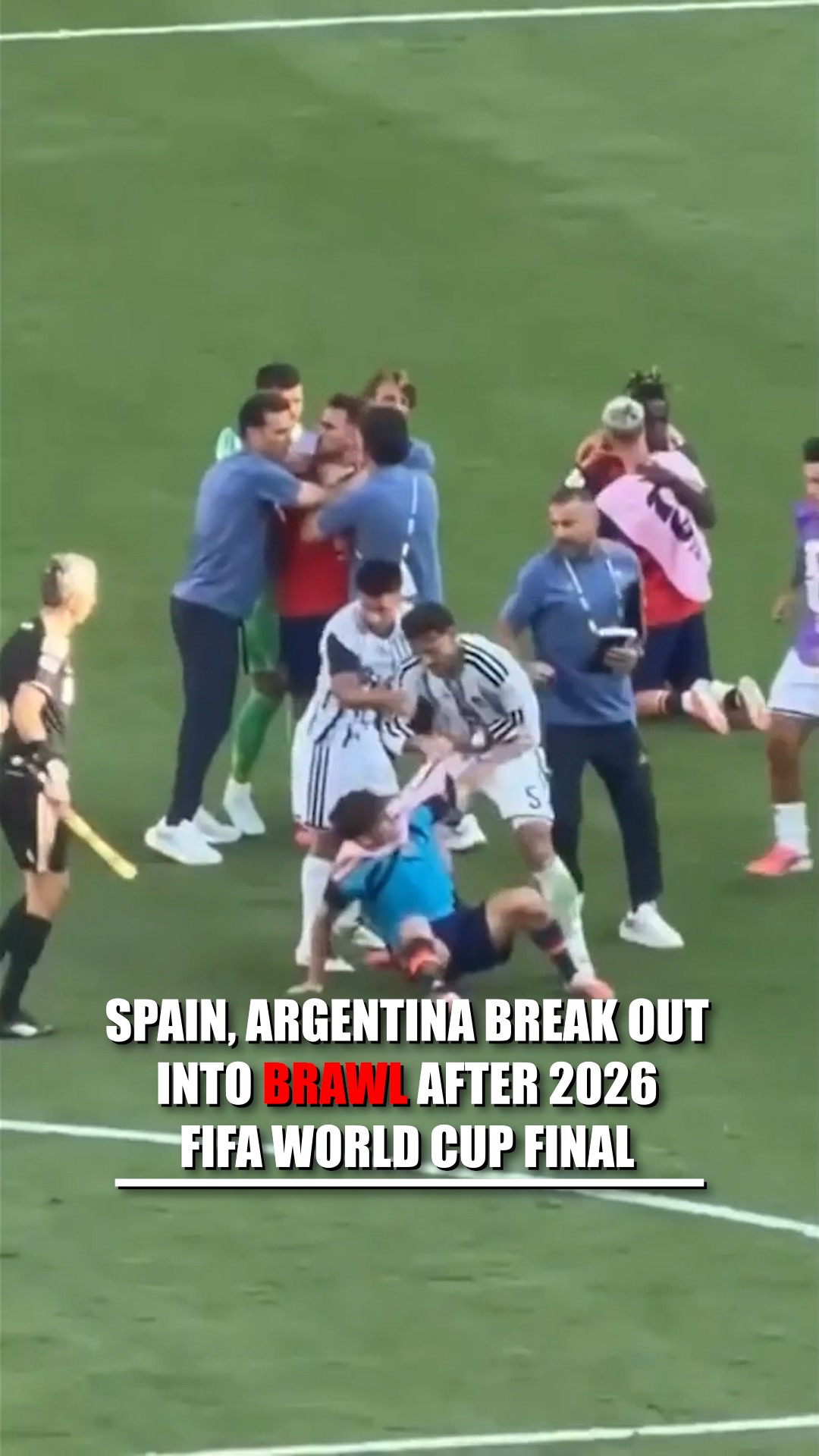 Argentina’s World Cup heartbreak turns into a full-blown brawl after the final whistle.

Video shows Argentina's Leandro Paredes shoving Spain's Eric Garcia to the ground before knocking over Spain midfielder Gavi as players, substitutes, and coaches from both teams rush in to break up the confrontation.

The chaotic scenes come just after Ferran Torres scores the extra-time winner to give Spain a 1-0 victory and its second World Cup title.