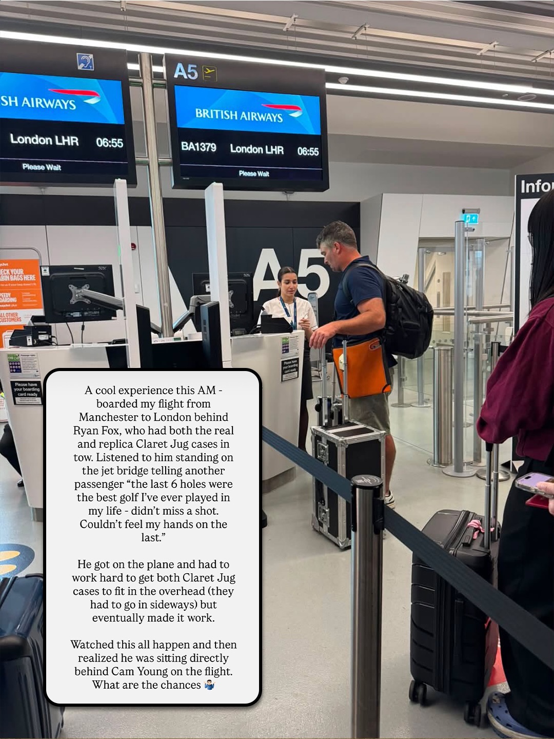 Ryan Fox is flying home with the Claret Jug in the overhead bin. Cam Young is sitting right in front of him. 💀 

What a flex. 

(Via @matthahnphoto)