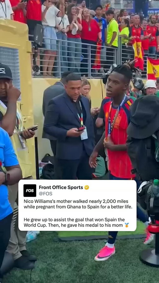 Nico Williams's mom crossed the Sahara Desert while pregnant. Now she's wearing her son's championship medal after he helped Spain win the World Cup 🇪🇸⁠
⁠
More on Spain's World Cup victory in bio.⁠
⁠
🎥 @yahoosports⁠
⁠
#spain #worldcup #vamosespaña