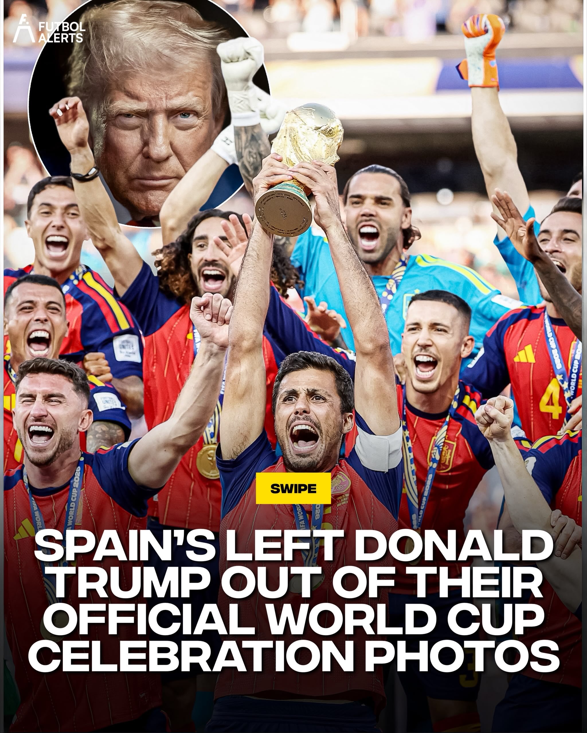 Spain won the World Cup and their federation shared the trophy celebration without Donald Trump in frame, even though he presented the cup and stood on the podium with the players. The shots they posted were taken after he had stepped aside.