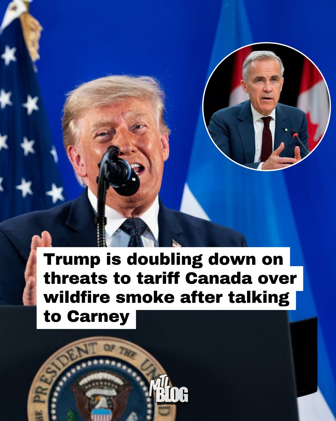 What do you think about this?

U.S. President Donald Trump doubled down on his threat to hit Canada with increased tariffs over wildfire smoke on Sunday, after sitting with Prime Minister Mark Carney to watch the World Cup final together. 

Trump said he talked to Carney about how Canadian fires have "poisoned" U.S. air and suggested Canada should either pay damages or face new tariffs, even though it's unclear what authority he would rely on to impose them. 

Smoke from wildfires in northern Ontario has triggered air quality warnings across the province and several U.S. states, with several Republican lawmakers criticizing Canada's wildfire response.

Full story at the link in the @mtlblog bio.

📸: The White House | Facebook, Mark Carney | Facebook