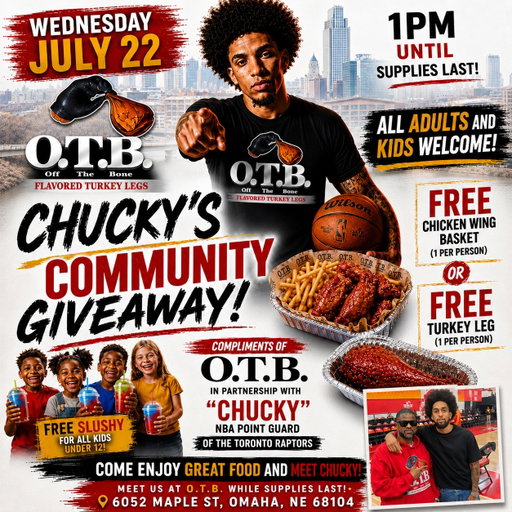 🚨 OTB’S BIGGEST GIVEAWAY EVER! 🚨

@chucky.hepburn x OTB 🤝

Wednesday 7/22 • 1 PM until supplies last

🍗 FREE Wing Basket OR 🍖 FREE Turkey Leg
🥤 FREE Slushies for kids 12 & under

No purchase necessary. One meal per person. Must be present.

Be patient, be respectful, and let’s feed the community. ❤️ See y’all at OTB! #omaha #community #omahanebraska #chuckyhepburn #omahaeats