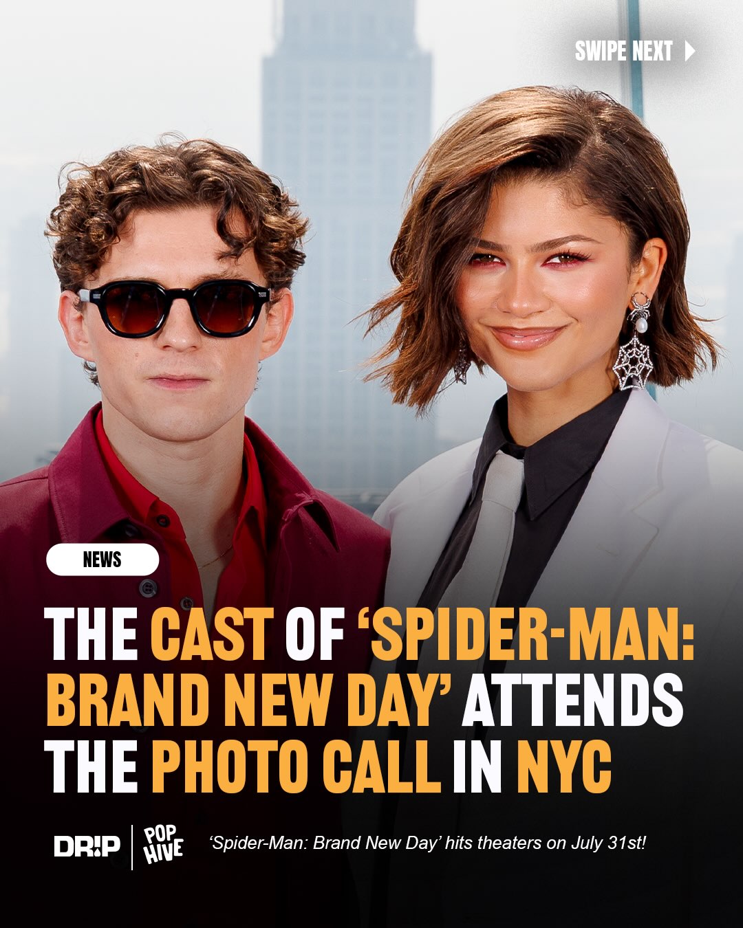 The cast and director of ‘Spider-Man: Brand New Day’ gathered for an official photocall at Edge at Hudson Yards in New York City on Friday.

This highly anticipated sequel follows Peter Parker as he fights crime full-time in a world where no one remembers his identity.

Returning stars such as Tom Holland and Zendaya were present, but the specific role of new cast member Sadie Sink remains a mystery, officially unrevealed ahead of the premiere.

The film is set to hit theaters on July 31st.