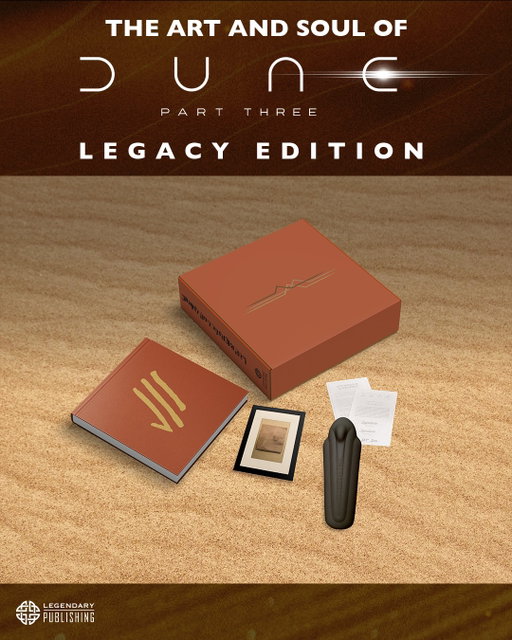 The Art and Soul of Dune: Part Three — Legacy Edition is a unique deluxe box set adorned with a three-dune commemorative symbol and includes an authentic piece of the screen-used worm prop, exclusive signature card signed by director Denis Villeneuve and writer Tanya Lapointe, and a meticulously crafted replica statue of the Space Navigator.

Available exclusively from Legendary Publishing and Simon & Schuster. Pre-order now at the link in bio! @legendary @dunemovie 

https://bit.ly/3RFeXvi