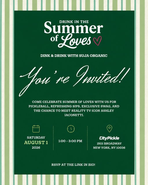 You’re invited 💚

Meet us at CityPickle Times Square on August 1 for refreshing Suja sips, pickleball, exclusive swag, and a chance to meet @ashley_iaconetti!

The first 50 guests will also take home a month’s worth of FREE Suja, so come early!⭐️

RSVP at the link in bio.