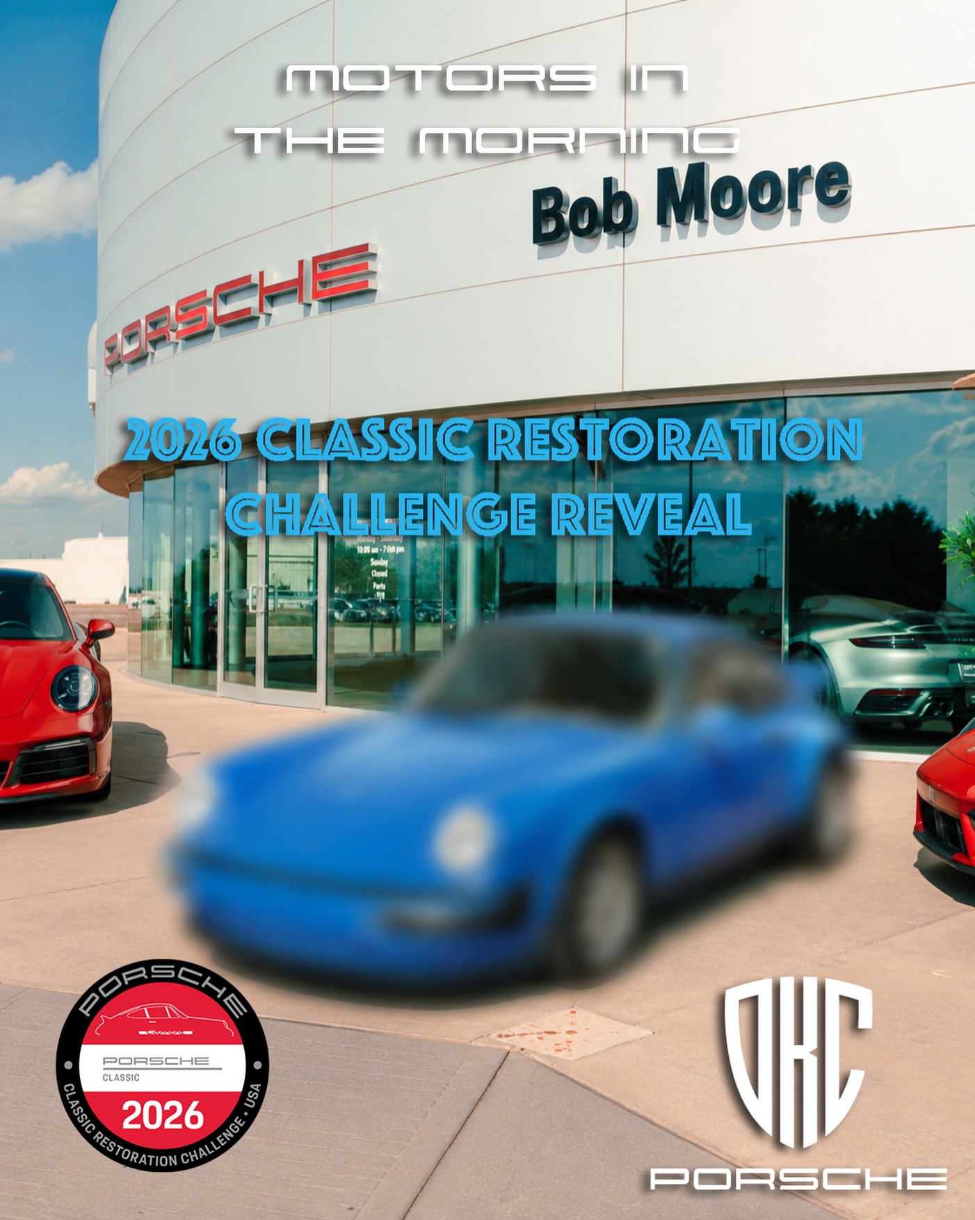 Join us for a special edition of Motors in the Morning at Porsche Oklahoma City. ☕🏁

On Saturday, August 1, from 10:00 AM–12:00 PM, we’re unveiling the finished restoration of our 1978 Porsche 911 SC in Arrow Blue, built as our official entry into the 2026 Porsche Classic Restoration Challenge. Be among the first to see this incredible project up close and meet the team behind its transformation.

Plus, our friends from @psychotacookc will be on-site serving up tacos throughout the morning.

Whether you’re a longtime Porsche enthusiast or simply enjoy great cars, great food, and great company, we’d love to see you there.

📍 Porsche Oklahoma City
🗓️ Saturday, August 1
🕙 10:00 AM–12:00 PM

See you at POKC! 😁
__
#Porsche #PorscheOKC #MotorsInTheMorning #PorscheChallenge26 #ThereIsNoSubstitute