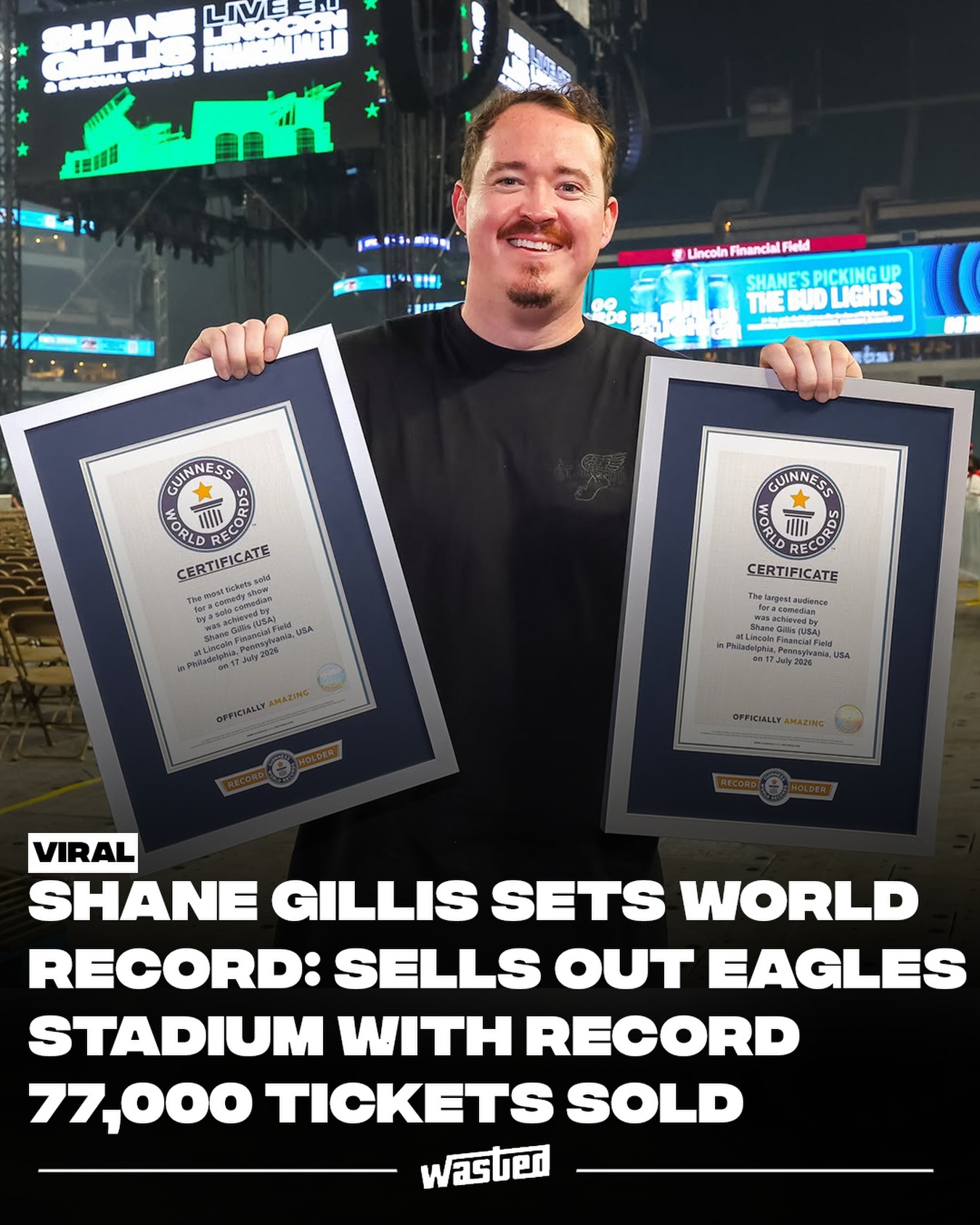 Comedian and lifelong Philadelphia Eagles fan Shane Gillis turned Lincoln Financial Field into the biggest stage stand-up has ever seen. The one-night-only homecoming show on July 17 set two Guinness World Records: largest audience for a comedian, with 73,946 people in the stadium, and most tickets sold for a comedy show by a solo comedian, at 77,047. Adjudicator Andy Glass verified the figures on site.

Both marks were emphatic. The attendance record had belonged to German comedian Mario Barth, who drew 67,733 in 2008, and the ticket-sales record was a newly created title with a benchmark of 54,000 to beat. The Mechanicsburg native cleared both at the home stadium of his favorite team.

The lineup delivered. Dave Chappelle turned up early in the set, Meek Mill and Three 6 Mafia performed, and cameos came from Bam Margera and Philadelphia comedians Jay Oakerson and Matt McCusker, with Eagles players helping kick things off. Fans showed up despite hazardous air quality from wildfire smoke blanketing the region, with one telling CBS News he would have worn a hazmat suit rather than miss it. The show capped a roughly 100-date tour across two years that moved more than a million tickets.

Sources: Variety, CBS Philadelphia, The Philadelphia Inquirer.