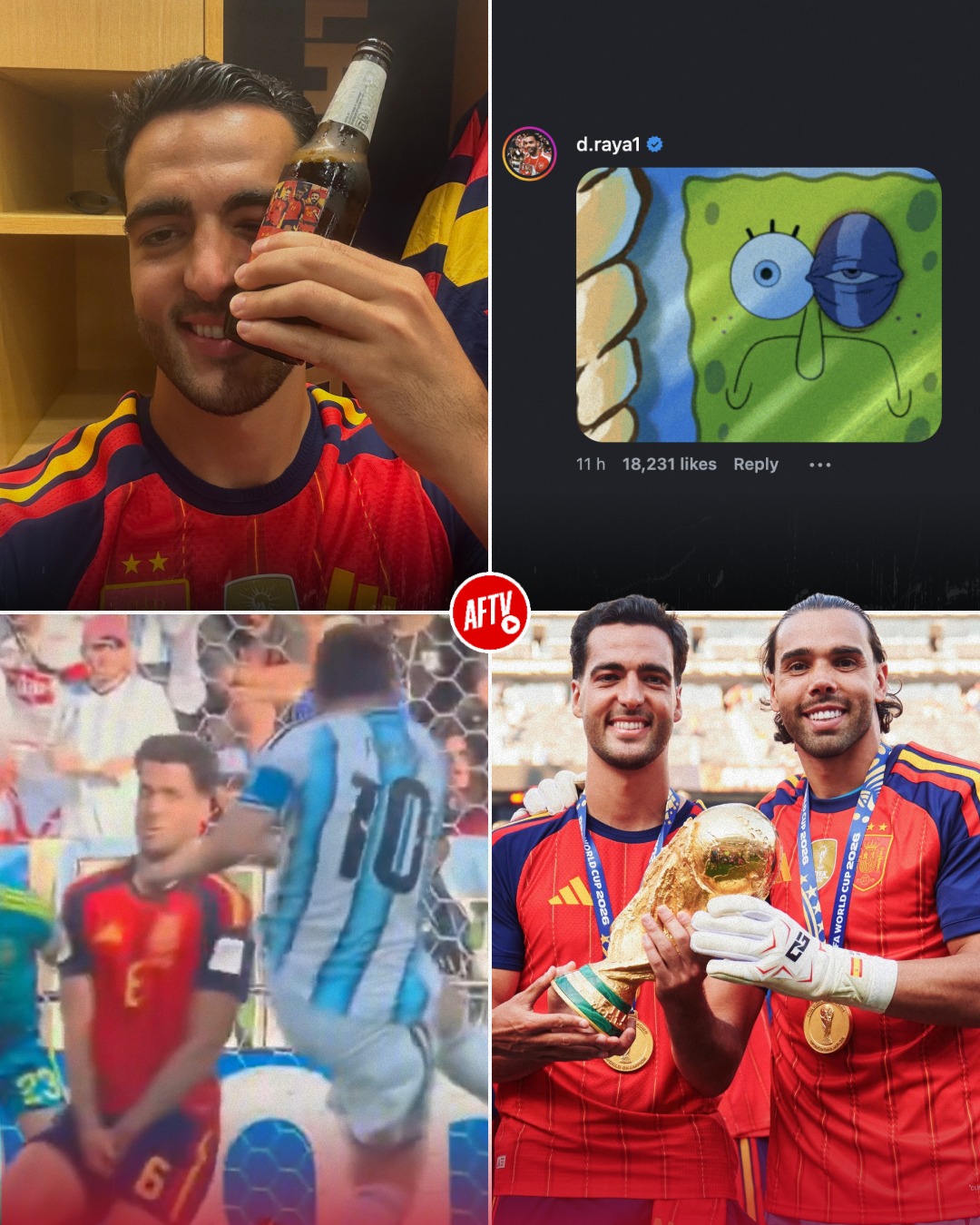 David Raya couldn't resist winding up Mikel Merino over his black eye after that 𝐇𝐄𝐑𝐎𝐈𝐂 block to deny Messi's shot in Spain's World Cup final win over Argentina! 🤕😂

Premier League champions. World Cup champions. 𝐋𝐢𝐟𝐞 𝐢𝐬 𝐩𝐫𝐞𝐭𝐭𝐲 𝐠𝐨𝐨𝐝 𝐟𝐨𝐫 𝐨𝐮𝐫 𝐝𝐮𝐨! ❤️🏆🏆