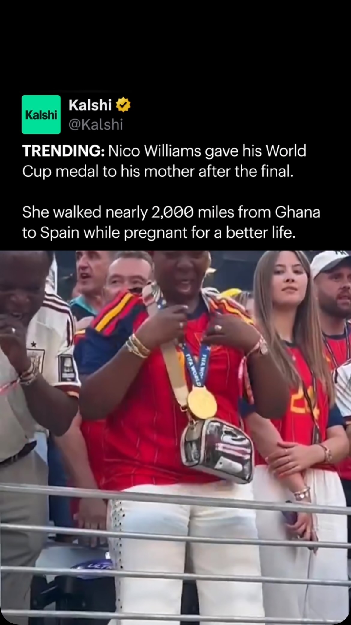 Nico Williams shared one of the most emotional moments of the celebration by giving his World Cup medal to his mother. 

Years earlier, she had walked nearly 2,000 miles from Ghana to Spain while pregnant in hopes of building a better life.