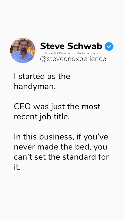 If you've never made the bed, you can't set the standard for it. 

I didn't start in a corporate boardroom; I started as the handyman. "CEO" is simply the most recent job title on a long list of frontline responsibilities.

True hospitality leadership isn't about managing spreadsheets from afar, it’s about knowing exactly what it takes to execute on the ground. When you understand the grit required for every role, you earn the right to define what excellence looks like.

Bigger isn't the win. Better is. #FrontlineLeadership #PropertyManagement #OperationalExcellence #LeadByExample