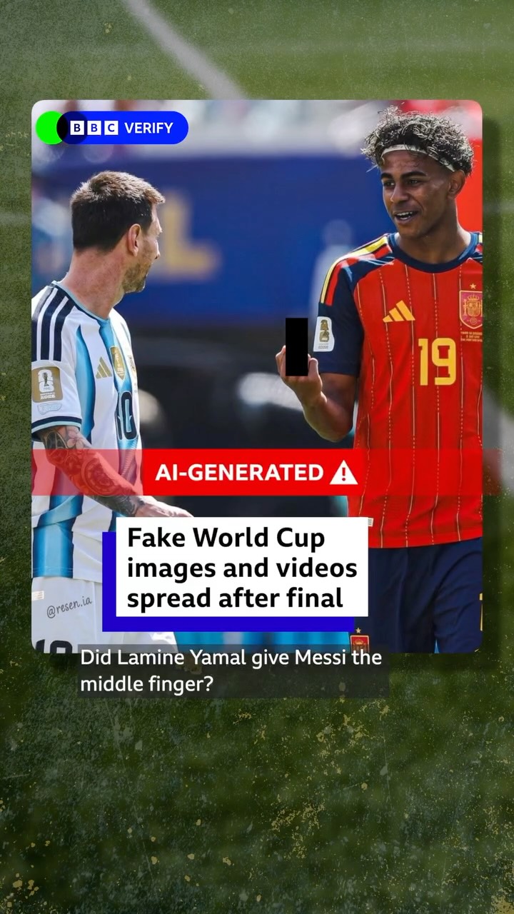 Did Lamine Yamal give Messi the middle finger?
 
Misleading AI images surrounding the World Cup final have been created and shared on social media, receiving millions of views.
 
BBC Verify debunks these fake photos.
 
#WorldCup #Football #BBCNews