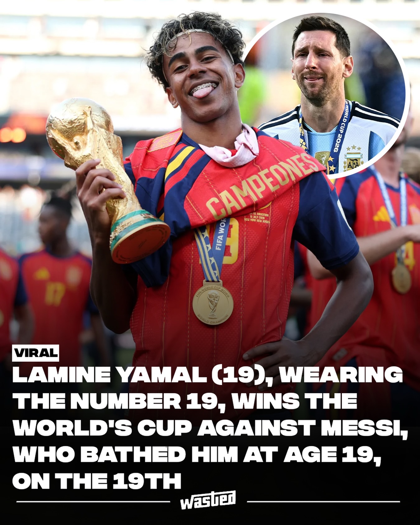 Lamine Yamal is a World Cup winner at 19 years old, wearing the number 19, on July 19, against the man who gave him a bath 19 years ago.

The photograph resurfaced the moment Argentina beat England to set up the final. Taken in the visitors' dressing room at Camp Nou in September 2007 by freelance photographer Joan Monfort, it shows a 20-year-old Lionel Messi lowering a five-month-old Yamal into a plastic tub alongside the baby's mother, Sheila Ebana. The shoot was for a charity calendar run by the Catalan newspaper Diario Sport with UNICEF, with families from Mataró entered into a draw for the chance to be photographed with a Barcelona player. Yamal's family won.

His father kept the images private for years, specifically to avoid inviting Messi comparisons. Speaking at Fanatics Fest two days before the final, Messi called the whole thing crazy: "I had a photo with him when he was a baby and for us to be facing each other in the World Cup." Spain won 1-0 in extra time.

Sources: NBC News, ABC News, ESPN.