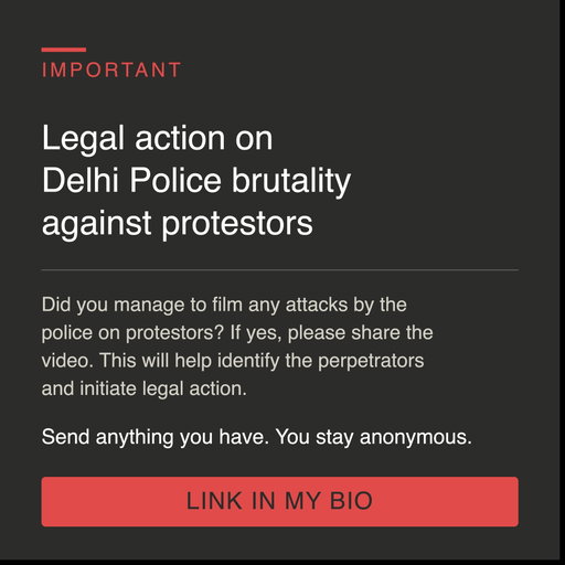 IMPORTANT — please share widely.

Me along with some MPs are documenting video evidence of police brutality against peaceful protestors in Delhi yesterday during the Jantar Mantar protests. 

The purpose is to identify the officials who assaulted protestors, so that legal action can be taken against them.

If you filmed any part of it, please send it. Videos where the assaulting officer’s face is clearly visible are especially valuable since it makes it easier to file complaints against them and hold them accountable. 

You will remain completely anonymous. The upload page asks for no name, no email, no phone number, and no account.

LINK IN MY BIO

@cockroachjantaparty 

#Delhi #PoliceBrutality #RightToProtest #jantarmantar