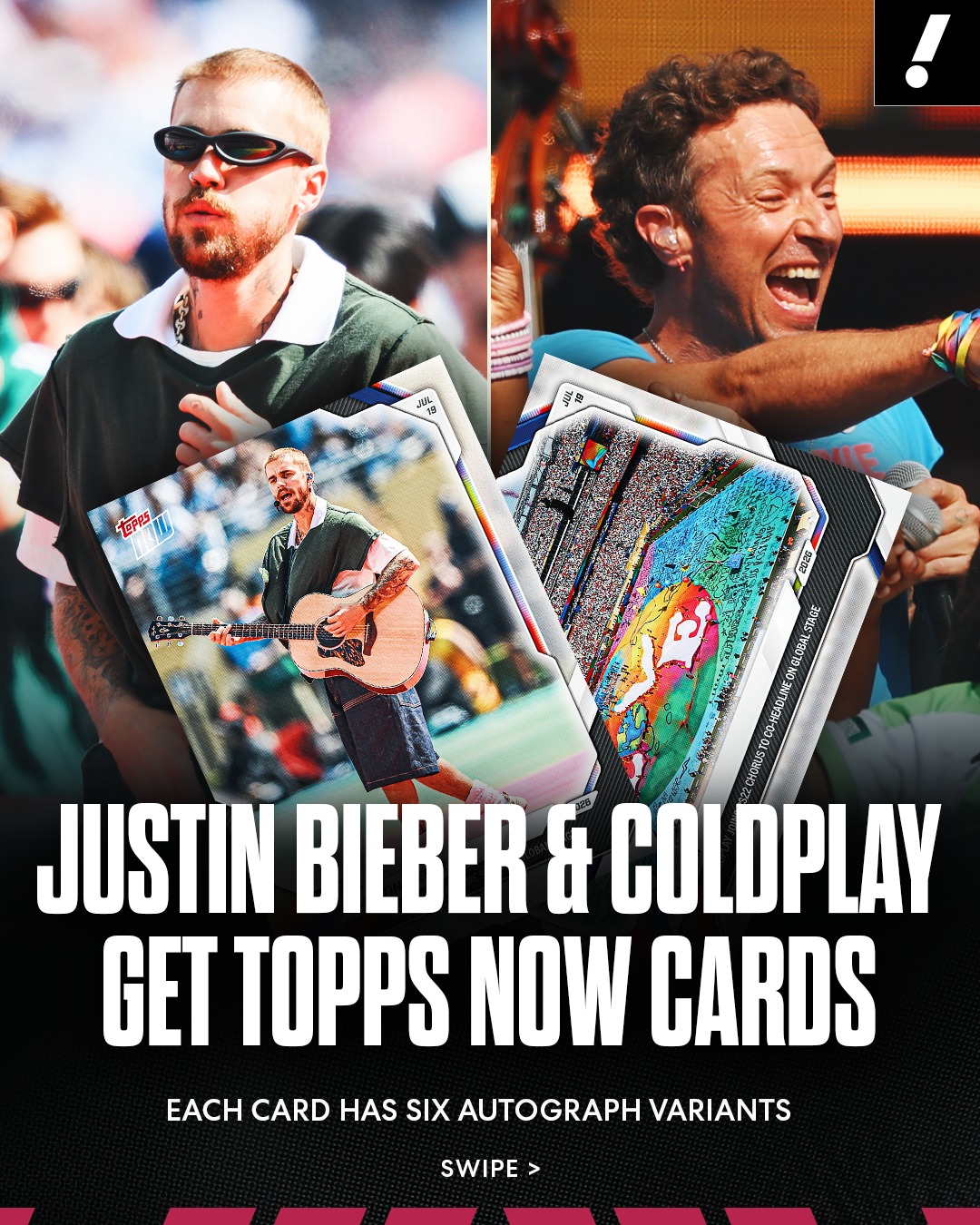 A few lucky collectors could get their hands on autographed editions of Topps NOW cards showcasing Justin Bieber and Coldplay's appearances in the World Cup halftime show 🤩