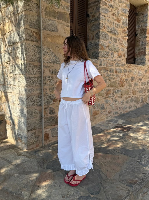 nothing beats an all white outfit on holiday 🌞

summer outfit, white trousers, red flip flops, Havaianas, beach outfit, white tee, Zara bag, red accessories, summer outfit inspo