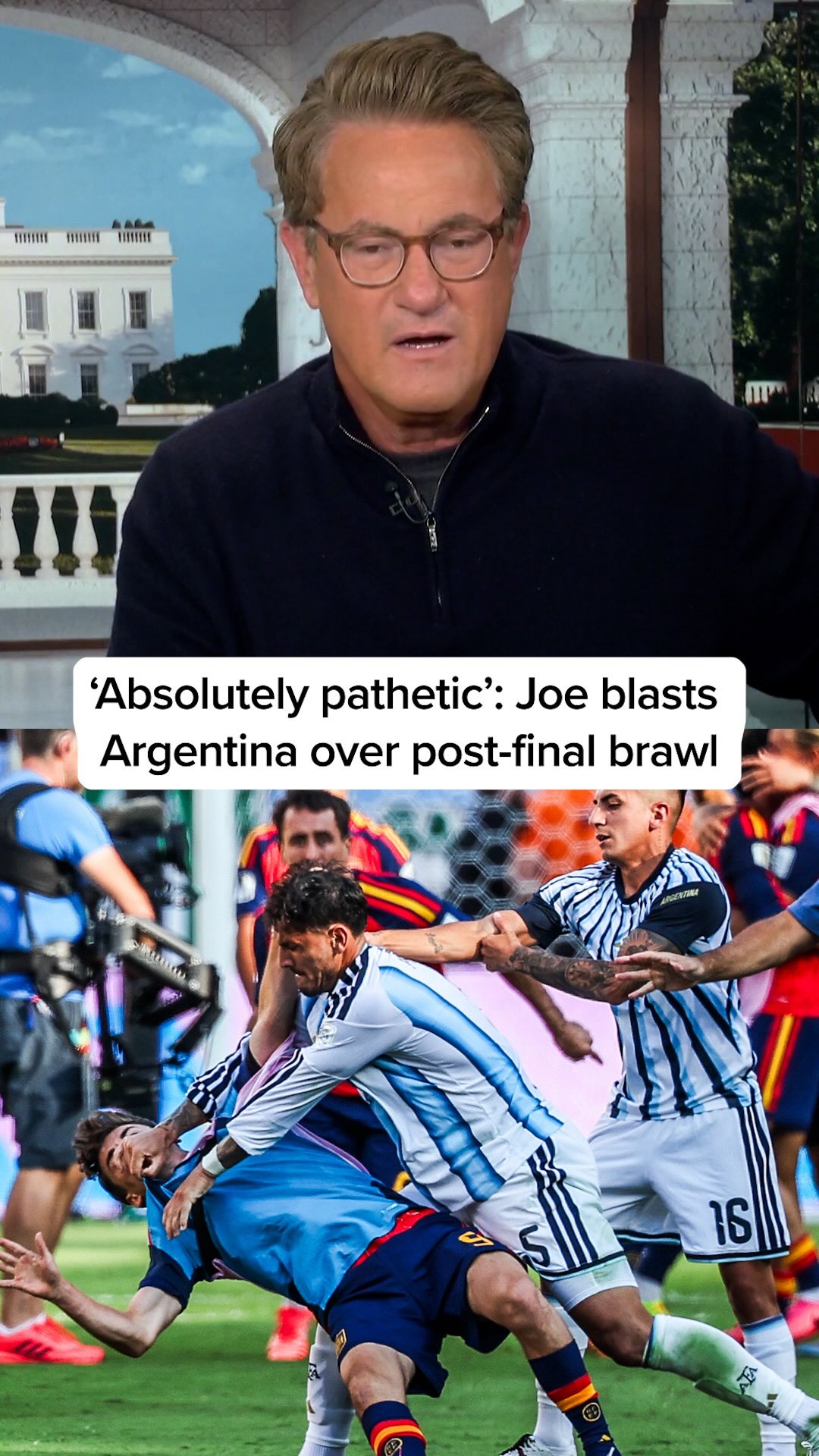 After Sunday’s FIFA World Cup final, in which Spain beat Argentina 1-0, at least three of Argentina’s players appeared to be involved in a brawl with their Spanish opponents. FIFA has opened a disciplinary investigation into the incident, and @joescarborough slams the Argentinians, calling the scene “absolutely pathetic.” He also calls into question star player Lionel Messi’s leadership after the Argentinians turned their backs on the Spanish players as they hoisted the trophy. #news #sports #fifaworldcup2026 #soccer #morningjoe