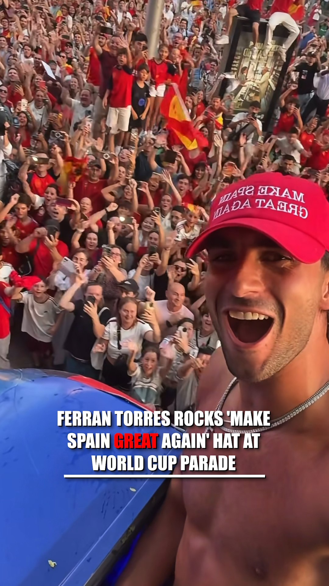 SEE IT: Spain World Cup champion Ferran Torres gives fans a front-row look at the national team's championship parade, sharing a POV video from the celebration on his Instagram Story while wearing a "Make Spain Great Again" hat.

The championship-winning forward rides through the packed streets as supporters celebrate Spain's title, with the hat quickly drawing attention online.