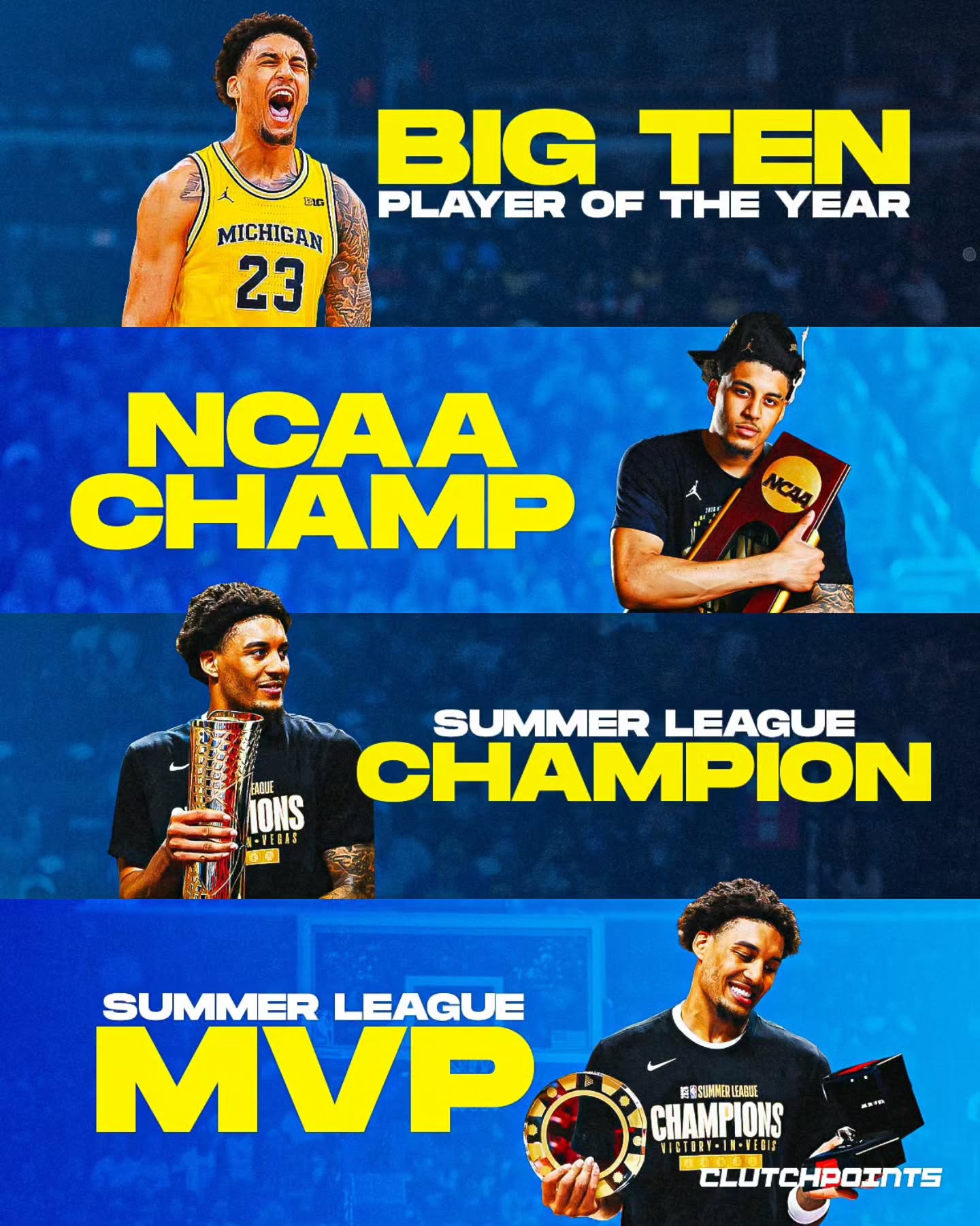 Forget a slow burn. Yaxel Lendeborg has done nothing but win in 2026. 🏆 

From the dirt and grind of JUCO gyms to cutting down the nets in Ann Arbor, his whole career has been about proving people wrong.

First, he broke the Big Ten. Then he carried Michigan straight to a national title.

When Golden State called his name at eleven, the rest of the league made a massive mistake letting him fall. 

...and he didn't come to Vegas in July to get his feet wet.

"I got drafted to play basketball. I didn't get drafted to watch."

Across eight Summer League games, Lendeborg posted 14.9 points, 6.8 rebounds, 4.0 assists, and 1.4 steals per game while shooting a blistering 45.9 percent from deep.

Then came the finale. 

In the championship game against Memphis, Lendeborg put up 21 points and 10 boards, scoring seven of Golden State's final 10 points to slam the door shut, lock up the title, and walk off with Championship MVP honors.

The Warriors drafted a ready-made predator tailored specifically for Steve Kerr’s system, ready to throw fuel on the fire of Steph Curry’s last championship run.

Three months. 
Three trophies. 
Zero apologies.

If this momentum holds when October arrives, he won't be sitting on the bench learning the ropes. 

He’s primed to play real rotation minutes from day one.