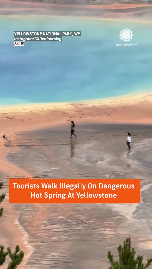 Two tourists were seen walking illegally on the dangerous Grand Prismatic Spring in Yellowstone National Park, the largest hot spring in the United States. In the center of the pool, the water can reach over 180ºF, according to NASA. Remember to stay on designated paths and trails.