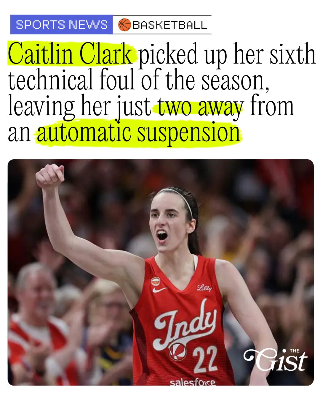 Caitlin Clark, this week's AP player of the week, is two techs shy of an automatic one-game suspension with 18 regular-season games still to play. 😳⁣
⁣
Just 91 seconds into the Fever's 108–88 win over the Liberty on Saturday, Caitlin Clark, picked up her sixth technical foul of the season after arguing for an illegal screen call. 🏀 ⁣
⁣
Fever HC Stephanie White says she'll be having ‘strategic’ conversations with Clark to keep her available. ⛹️‍♀️⁣
⁣
The Indiana Fever play the Connecticut Sun tomorrow. Do you think CC will be able to play tech-free? ⬇️⁣
⁣
#WNBA #basketball #CaitlinClark #womenssports