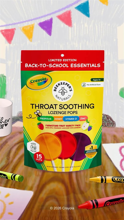 Once upon a doodle...there was a bee who flew through a field of lollipops 🐝🍭

Introducing Crayola x Beekeper’s Naturals Throat Soothing Lozenge Pops. The flavors you know and love renamed after our favorite crayon colors - Wild Watermelon, Granny Smith Apple, Jazzberry Jam and Wild Strawberry.