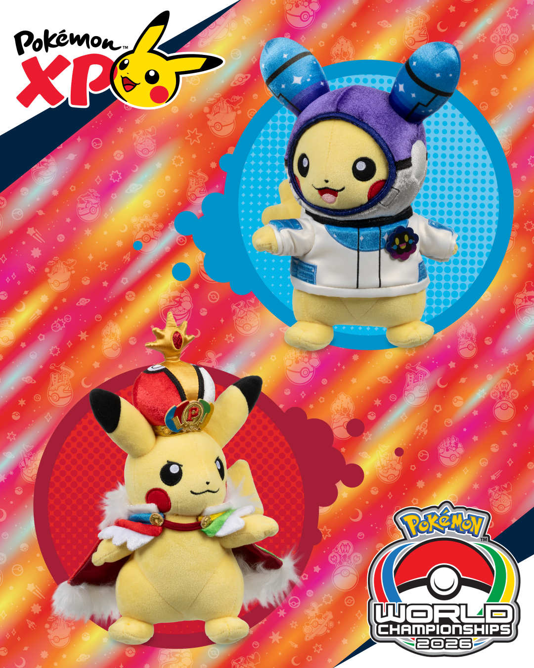 Adding some cuteness to your feed with the commemorative PokémonXP and 2026 Pokémon Worlds plush featuring Pikachu, Charizard, and Kirlia!

Take a closer look at fun details like Pikachu's Cosmog-inspired space suit 💫 and championship crown 👑, Charizard's goggles and rocket backpack 🚀, and Kirlia's beautiful Butterfree motifs 🦋

These exclusive plush will be available at the Pokémon Center pop-up store this August 26th through 30th at #PokemonXP and #PokemonWorlds in San Francisco, California! 🌉

Which detail is your favorite? 👇