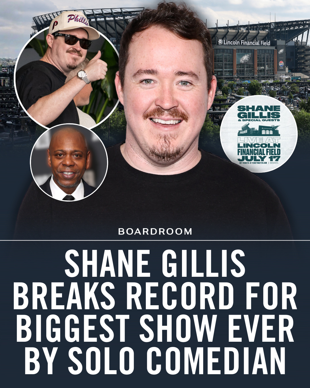 Shane Gillis made comedy history in his home state of Pennsylvania, breaking two Guinness World Records at Lincoln Financial Field.⁠
⁠
The comedian sold 76,212 tickets for his July 17 show, while the verified crowd of 73,946 made it the largest audience ever for a comedian, surpassing a record that had stood since 2008. Dave Chappelle and Travis Kelce appeared alongside Pennsylvania natives Bam Margera and comedians “Big” Jay Oakerson and Matt McCusker, while Meek Mill delivered a musical performance and Eagles players Cooper DeJean and Jordan Mailata helped kick off the event.⁠
⁠
The Philadelphia show capped a two-year run in which Gillis has sold more than 1 million tickets across 100-plus headlining performances and set 34 venue records.⁠
⁠
(🎥: @johnclarknbc, @tickpick, via @variety)