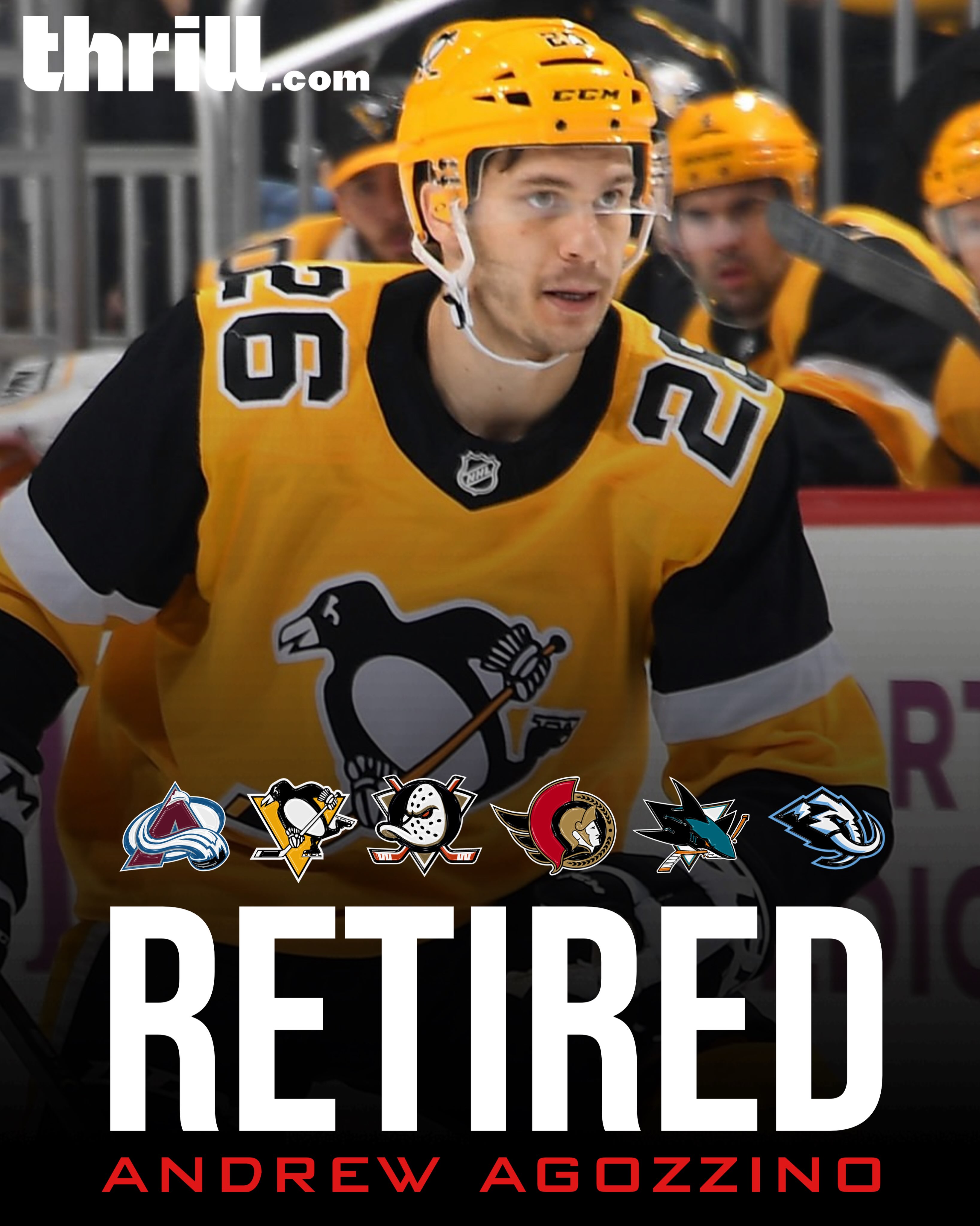 Andrew Agozzino (@andrewagozzino) 🇨🇦 has announced his retirement from professional hockey at the age of 35.

Agozzino played 53 games in the NHL from 2014-2026, scoring three goals and 12 points in that span with the Colorado Avalanche 🇺🇸, Pittsburgh Penguins 🇺🇸, Anaheim Ducks 🇺🇸, Ottawa Senators 🇨🇦, San Jose Sharks 🇺🇸, and Utah Mammoth 🇺🇸

Outside of the NHL, he played professionally with:
• Peoria Rivermen (AHL) 🇺🇸 / 2009-2010
• Lake Erie Monsters (AHL) 🇺🇸 / 2012-2015
• San Antonio Rampage (AHL) 🇺🇸 / 2015-2018
• Chicago Wolves (AHL) 🇺🇸 / 2016-2017
• Colorado Eagles (AHL) 🇺🇸 / 2018-2019
• Wilkes-Barre/Scranton Penguins (AHL) 🇺🇸 / 2019-2020
• San Diego Gulls (AHL) 🇺🇸 / 2020-2021, 2023-2024
• Belleville Senators (AHL) 🇨🇦 / 2021-2022
• San Jose Barracuda (AHL) 🇺🇸 / 2022-2023
• Tucson Roadrunners (AHL) 🇺🇸 / 2024-2026

Agozzino had a contract signed to play with EHC Biel-Bienne (NL) 🇨🇭 this season, but terminated it to retire.

He was undrafted.